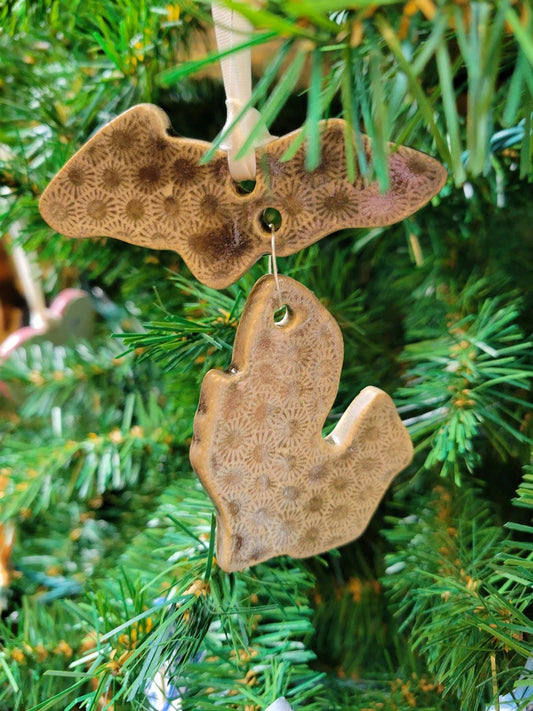 Michigan Shaped Ceramic Tile Ornament with Petoskey Stone Pattern